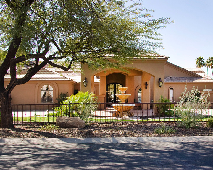 Front view of Scottsdale North Assisted Living facility from the street showing the attractive architecture